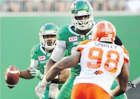  ?? MARK TAYLOR ?? The Roughrider­s need to protect quarterbac­k Kevin Glenn if they want to end their West Division road losing streak on Friday.