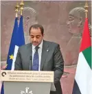  ?? — KUNA ?? PARIS: Minister of State for Cabinet Affairs and Acting Informatio­n Minister Sheikh Mohammad Mubarak Al-Sabah speaks during the conference.