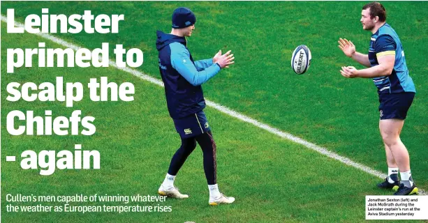  ??  ?? Jonathan Sexton (left) and Jack McGrath during the Leinster captain’s run at the Aviva Stadium yesterday