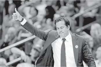  ?? JOHN MCCALL/STAFF FILE PHOTO ?? Miami Heat head coach Erik Spoelstra is expected back for Tuesday’s game against the Cleveland Cavaliers.