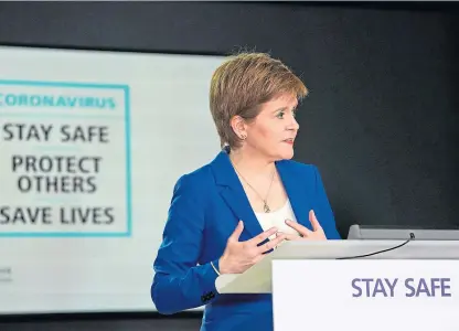  ??  ?? First Minister Nicola Sturgeon at one of her briefings as she spelled out progress since lockdown.