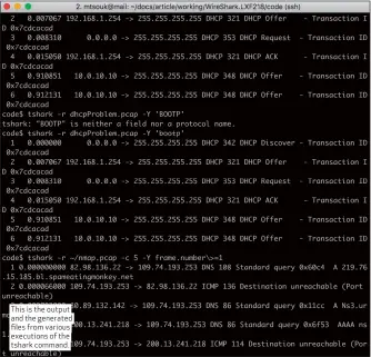  ??  ?? This is the output and the generated files from various executions of the tshark command.