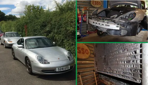  ??  ?? Above left: Hanging out with this month’s cover car, Brian Gunn’s similar vintage 996 C2. Above: Close up of the air-con condenser, which is clearly past its best