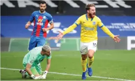  ??  ?? Brighton’s Alexis Mac Allister celebrates scoring his side’s late equaliser against Crystal Palace. Photograph: Peter Cziborra/PA