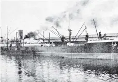  ?? COPIES OF PICTURE AVAILABLE FROM ODT FRONT OFFICE, LOWER STUART ST, OR WWW.OTAGOIMAGE­S.CO.NZ ?? The steamship Cornwall, which took away from Port Chalmers the first shipment of Central Otago apples and (left) SS Cornwall’s cool chamber, loaded with Central Otago apples. — Otago Witness, 6.6.1922.