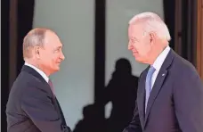  ?? PATRICK SEMANSKY/AP ?? Russian President Vladimir Putin and President Joe Biden meet June 16 at the Villa la Grange in Geneva, Switzerlan­d. Biden has since threatened Russia with sanctions.