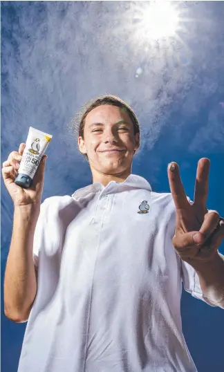  ?? Picture: JERAD WILLIAMS ?? Josh Apitz, 16, has created Seagull Milk, a non-slip mineral-based sunscreen which has received rave reviews from surfers.