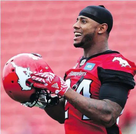  ?? — POSTMEDIA NEWS FILES ?? Joe Burnett made the transition to inside SAM linebacker this year with the Calgary Stampeders and returned an intercepti­on 34 yards for a touchdown against Winnipeg Thursday.