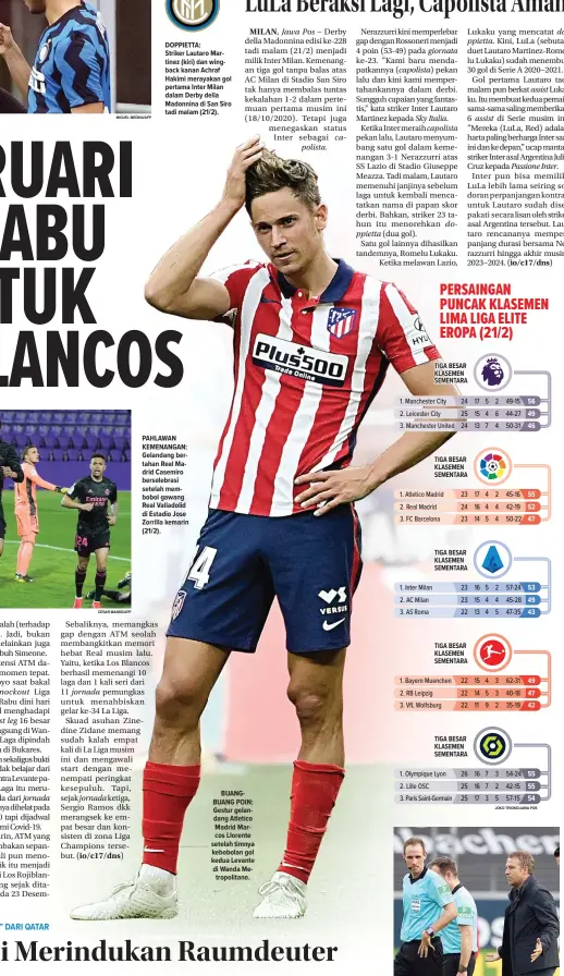  ?? MIGUEL MEDINA/AFP CESAR MANSO/AFP ?? BUANGBUANG POIN: Gestur gelandang Atletico Madrid Marcos Llorente setelah timnya kebobolan gol kedua Levante di Wanda Metropolit­ano.