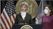  ?? NEW YORK OFFICE OF THE GOVERNOR VIA AP ?? In this image from video provided by the New York Office of the Governor, New York Gov. Kathy Hochul, right, listens as New state Health Commission­er Mary Bassett speaks Thursday during a news briefing, in New York.