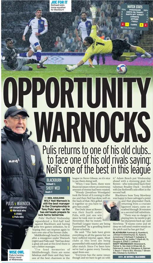  ??  ?? WISE OWL
Pulis is turning things round at Wednesday
JOE FOR IT Rothwell slots home equaliser for Blackburn