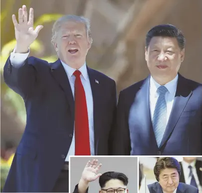  ?? AP FILE PHOTOS ?? FAR EAST SUPPORT: President Trump, above left, said his decision to meet with North Korean leader Kim Jong Un, right, is being applauded by Chinese President Xi Jinping, above right, and Japanese Prime Minister Shinzo Abe, far right.