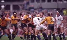  ?? Photograph: Shaun Botterill/Getty Images ?? England and Australia grapple during the 1991 Rugby World Cup final at Twickenham.