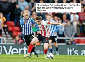  ?? ?? Sunderland’s Lynden Gooch battles for the ball with Wednesday’s Barry Bannen