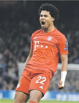 ?? Picture: AFP ?? CHIEF DESTROYER. Bayern Munich’s Serge Gnabry celebrates after scoring one of his four goals in the 7-2 demolition of Spurs in the Champions League on Tuesday night.