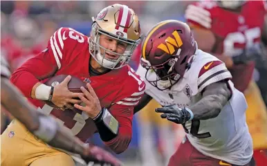  ?? GETTY IMAGES ?? Brock Purdy has thrown two touchdown passes in four straight games since replacing injured Jimmy Garoppolo.