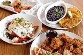  ?? ?? From left, pink quesadilla with carnitas, tostones with black beans, chilaquile­s, and pollo frito and waffles served at Xica in San Francisco.