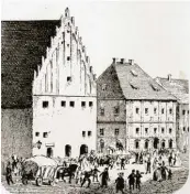  ?? Lithograph­ie: Bonn/Stadtarchi­v ?? Im Jahr 1860: Knabenreal­schule, Freibank und Platz für den Wochenmark­t.