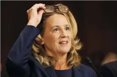  ?? MICHAEL REYNOLDS/POOL ?? Christine Blasey Ford speaks before the Senate Judiciary Committee hearing on the nomination of Brett Kavanaugh to be an associate justice of the Supreme Court, on Capitol Hill in Washington, D.C. on Thursday.