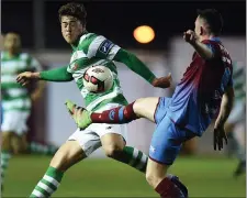  ??  ?? Samul Bone loses out to Drogheda’s Sean Brennan.