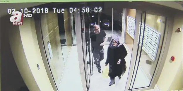  ?? PICTURE; AP ?? 0 CCTV shows Jamal Khashoggi and his fiancée Hatice Cengiz at an apartment building in Istanbul hours before his death