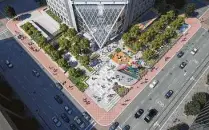  ?? Hines ?? A newly designed pyramid entrance and plaza will be part of the transforma­tion the tallest office building in Texas.