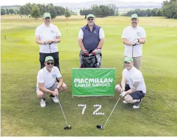  ??  ?? Funds teed-up Back, from left, are Stephen McDiarmid, Mark Davidson and Mike Easton with front, from left, Scott Millar and Ronald Leighton at Strathmore Golf Centre near Alyth