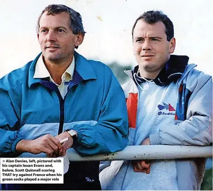  ?? ?? > Alan Davies, left, pictured with his captain Ieuan Evans and, below, Scott Quinnell scoring THAT try against France when his green socks played a major role