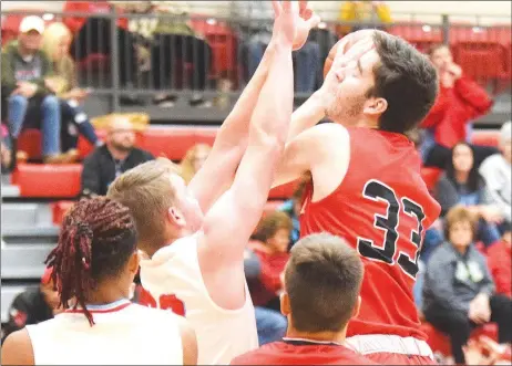  ?? RICK PECK/SPECIAL TO MCDONALD COUNTY PRESS ?? McDonald County’s Teddy Reedybacon goes up for a shot during Webb City’s 79-47 win over the Mustangs on Dec. 17 at Webb City High School.