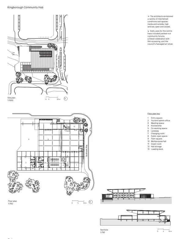  ??  ?? The architects envisioned a variety of intertwine­d conditions and spaces: inside and outside, high and low, open and closed.
Early uses for the centre have included packed-out community forums, a Diwali celebratio­n with film screening, and the council’s Salvaged art show.