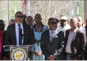  ?? (AP/Juan A. Lozano) ?? Texas State Rep. Jarvis Johnson, along with other Houston area leaders, including Mayor Sylvester Turner (right), hold a news conference March 3 in Houston while protesting the proposed takeover of the city’s school district by the Texas Education Agency.