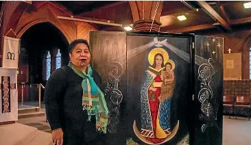  ?? ?? Pouwhakari­te Ma¯ori apostolate co-ordinator Korty Wilson, of the Palmerston North diocese, brought the work to Marlboroug­h on the ferry on Friday on her hikoi to share the painting with parishes across the country.