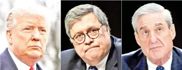  ??  ?? This combinatio­n of file pictures shows (from left to right) Trump, Barr and Mueller. — AFP photo
