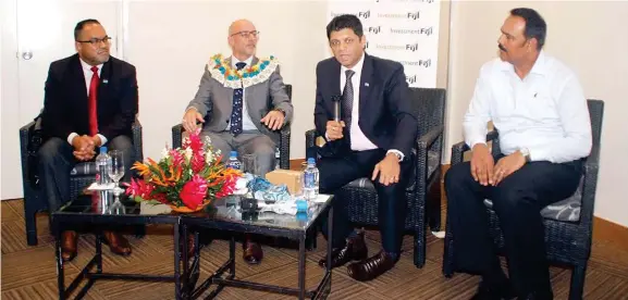  ??  ?? From Left: Fijian High Commission­er to New Zealand Filimone Waqabaca ,NZ High Commission­er to Fiji Mark Ramsden, Acting Prime Minister, Attorney-General and Minister for Economy Aiyaz Sayed-Khaiyum and New Zealand Fiji Business Council chairman Chandar...