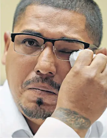  ?? ?? Miguel Cerrillo, the father of Uvalde massacre survivor Miah, wipes a tear as he testifies at yesterday’s hearing on Capitol Hill