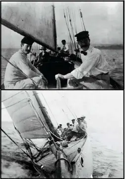  ??  ?? Master sailor: Turnbull, top, at the helm of his first racing yacht Rona and, below, the view from the bowsprit.