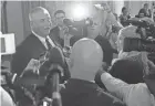  ?? ADAM CAIRNS/COLUMBUS DISPATCH ?? Larry Householde­r talks to reporters after being expelled as a representa­tive in the House at the Ohio Statehouse in Columbus on June 16, 2021.