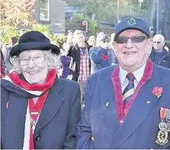  ??  ?? Betty when she retired as a Bollington Town councillor and at a Bollington Remembranc­e Sunday parade with Councillor Graham Hibbert