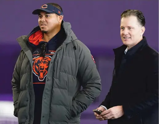  ?? AP ?? Ryan Poles (left), who attended Northweste­rn’s pro day with coach Matt Eberflus, still has the most salary-cap space in the NFL after the first two days of free agency.