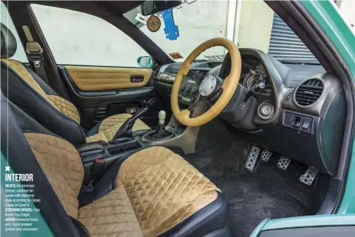  ??  ?? INTERIOR SEATS: Re-trimmed interior, caramel tan suede with diamondsty­le accenting by Daniel Cowie at Cover It STEERING WHEEL: Grip Royal Clay Knight AUDIO: Kenwood head unit, Focal speaker system and crossovers