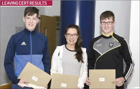  ??  ?? Conor Prendergas­t, Niamh Timon, and Colm Doddy at St. Attractas Tuibbercur­ry getting their Leaving Cert results. Pic: Tom Callanan