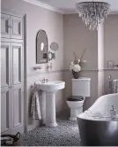  ??  ?? ABOVE ‘Holywell’ metallic- effect acrylic bath in ‘Steel’, £ 2,150; ‘Claverton’ basin, £ 230; pedestal, £115; WC pan, £ 230, and cistern, £190, all Heritage Bathrooms LEFT ‘Bateau’ cast-iron bath, from £ 4,920; antique cabinet basin, £ 2,719, The Water...