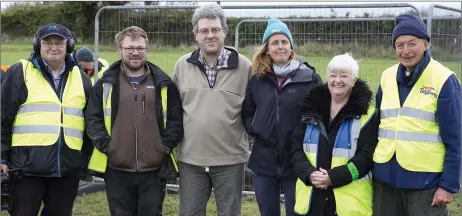  ??  ?? Leslie Burbridge, archaeolog­ist David McIlreavy, Colin Love, Wicklow Heritage Officer Deidre Burns, Marie Burbridge and Frank Coyne at the archaeolog­ical dig at St Crispin’s Cell in Greystones.