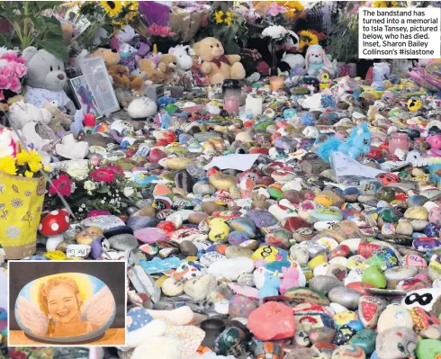  ??  ?? The bandstand has turned into a memorial to Isla Tansey, pictured below, who has died. Inset, Sharon Bailey Collinson’s #islastone