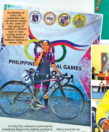  ??  ?? Ica Maximo of
Cebu City celebrates with her bronze medal in the under-23
age group of women’s criterium
race in road cycling event of
the Philippine National Games in
Danao City.