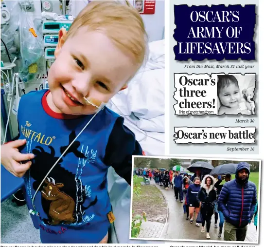  ?? Oscar’s army: Would-be stem cell donors ?? Brave: Oscar is having pioneering treatment for his leukaemia in Singapore
From the Mail, March 21 last year
March 30 OSCAR’S ARMY OF LIFESAVERS Astonishin­g support: Almost 5,000 people queued in the rain earlier this month to be tested as possible stem cell don Oscar’s three cheers! Trio of matches from 10 000 l t ff Oscar’s new battle
September 16