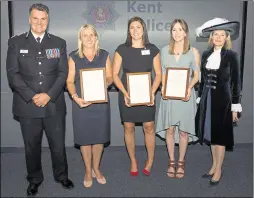  ??  ?? Chief constable Alan Pughsley, Christine Rook, Gemma Rustrick and Laura Collier with High Sheriff of Kent Jane Ashton