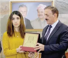  ?? — Reuters ?? Nobel Peace Prize laureate, Yazidi activist Nadia Murad visits the Kurdish Parliament in Erbil, Iraq, on Thursday.