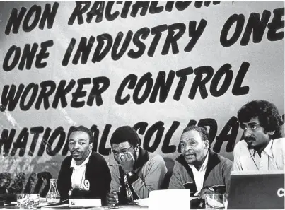  ?? Picture: AVUSA ?? MORAL FORCE: Cosatu’s top leaders — Chris Dlamini, vice-president; Sydney Mufamadi, assistant general secretary; Elijah Barayi, president, and Jay Naidoo, general secretary — attend a congress of the trade union federation in 1987. Cosatu was formed in...