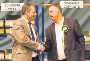  ?? Pictures: Steve MacDougall. ?? Top: John Kellas, centre, as the count begins at Bell’s Sports Centre; middle: Dave Cuthbert, left, and Mike Barnacle; and above: Harry Coates and John Rebbeck shake hands.